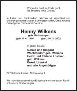 7730 Traueranzeige NWZ Henny Wilkens 18. März 2002