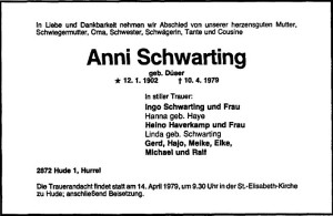 NWZ Traueranzeige groß vom 11. April 1979