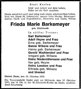 Traueranzeige NWZ 16.10.1973 Frieda Barkemeyer