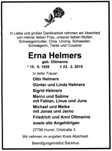 Erna Helmers Traueranzeige Netz
