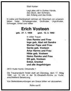8220 Erich Vosteen Traueranzeige (plus Traueranzeige Erich Vosteen)