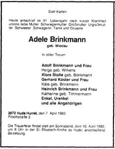 Adele Brinkmann Traueranzeige