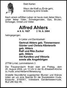 Traueranzeige Alfred Ahlers vom 18. August 2004