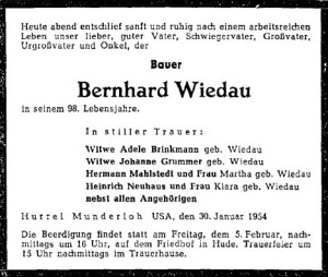 Traueranzeige Bernhard Wiedau