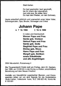 Traueranzeige NWZ Johann Pape 20. September 1989 groß