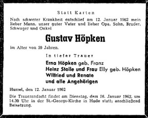 Traueranzeige Gustav Höpken 15. Januar 1962