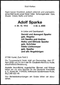 Traueranzeige NWZ 25. April 2000 groß Adolf Sparke
