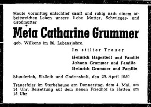 Traueranzeige NWZ Catharine Grummer vom 3. Mai 1950
