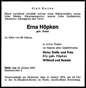 Traueranzeige NWZ Erna Höpken. 19. Januar 1970 groß