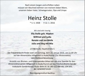 Traueranzeige NWZ 14. Januar 2016 Heinz Stolle