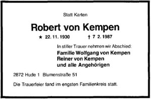 Robert von Kempen Traueranzeige NWZ vom 11. Februar 1987