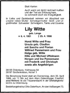 Traueranzeige 28. April 1998 NWZ Lily Witte