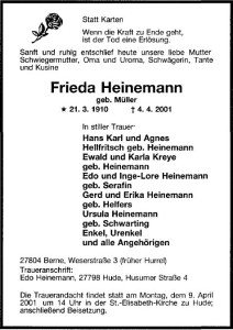 Traueranzeige NWZ Frieda Heinemann vom 7. April 2001