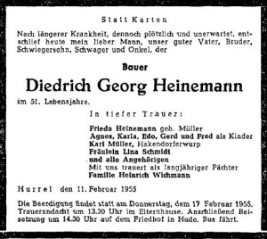 Traueranzeige NWZ vom 14. Februar 1955