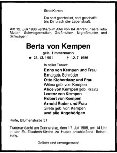 Berta von Kempen Traueranzeige NWZ 15. Juli 1986