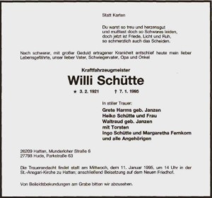 Traueranzeige NWZ 9. Januar 1995 Willi Schütte