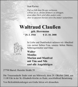 Traueranzeige Waltraud Claußen 27.10.2008