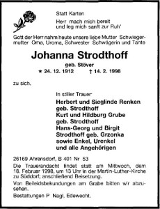 Traueranzeige NWZ Johanna Strodthoff 16. Februar 1998