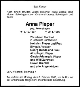 Traueranzeige Anna Pieper vom 31. Januar 1986