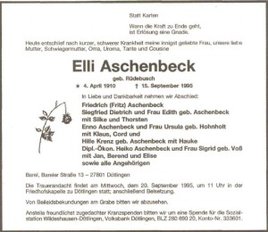 Elli Aschenbeck Traueranzeige NWZ vom 19. September 1995