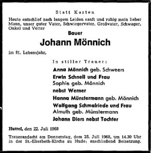 Traueranzeige Juli 1968