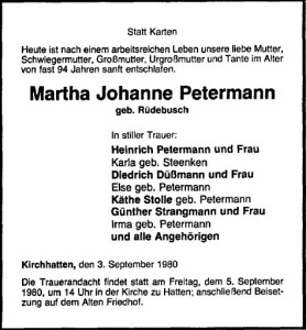 Martha Petermann Traueranzeige NWZ 4. September 1980