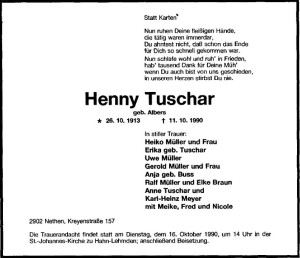 Traueranzeige NWZ 12. Oktober 1990 Henny Tuschar