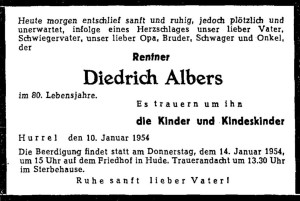 Traueranzeige Diedrich Albers vom 12. Januar 1954 groß