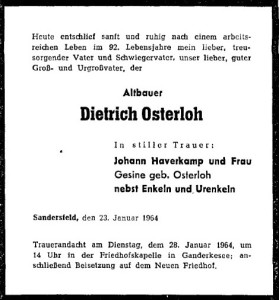 Traueranzeige NWZ 25. Januar 1964 Dietrich Osterloh groß