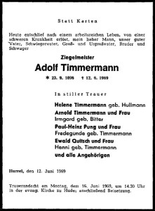 Adolf Timmermann Traueranzeige 14. Juni 1969