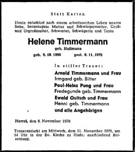 Helene Timmermann Traueranzeige groß vom 10. November 1970