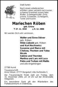 Traueranzeige groß neu NWZ 11. Dezember 2006 Mariechen Röben