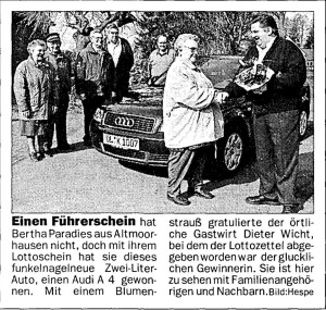 Artikel NWZ Bertha Paradies Gewinn Audi A4 vom 24. April 2001