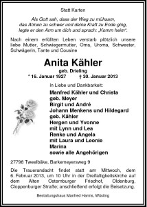 Traueranzeige Anita Kähler groß vom 2. Februar 2013