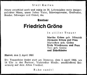 Traueranzeige Friedrich Gröne 4. April 1966 groß