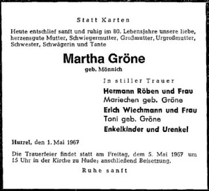 Traueranzeige Martha Gröne NWZ vom 3. Mai 1967