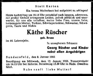 Käthe Rüscher Traueranzeige vom 10. Januar 1955