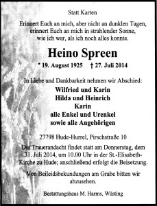 Heino Spreen Traueranzeige vom 29. Juli 2014