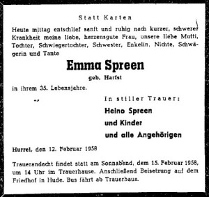 Traueranzeige Emma Spreen vom 14. Februar 1958