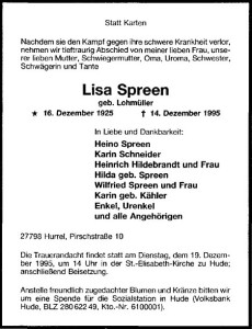 NWZ Traueranzeige Lisa Spreen vom 15. Dezember 1995