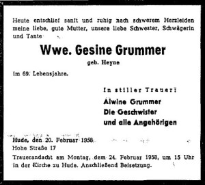 Traueranzeige Gesine Grummer groß 22. Februar 1958