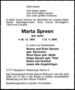 Spreen, Marta Traueranzeige vom 25. April 2000. groß II