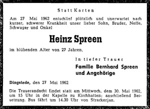 Traueranzeige Heinz Spreen vom 29. Mai 1962 groß