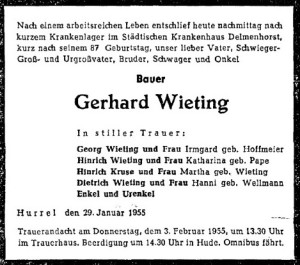 Gerhard Wieting Traueranzeige groß 1. Februar 1955