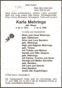 NWZ Traueranzeige Karla Mehrings 15. Juni 1999