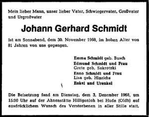 Traueranzeige Gerhard Schmidt vom 6. Dezember 1968