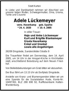 Traueranzeige NWZ Adele Lückemeyer vom 12. April 2005jpg
