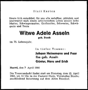 Adele Asseln Traueranzeige vom 9. April 1966