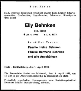 Traueranzeige NWZ Elly Behnken vom 3. April 1973