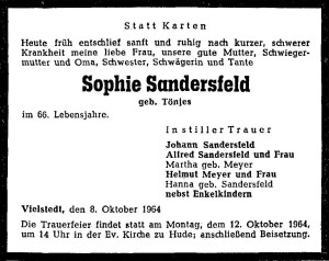 Traueranzeige groß Sophie Sandersfeld vom 9. Oktober 1964